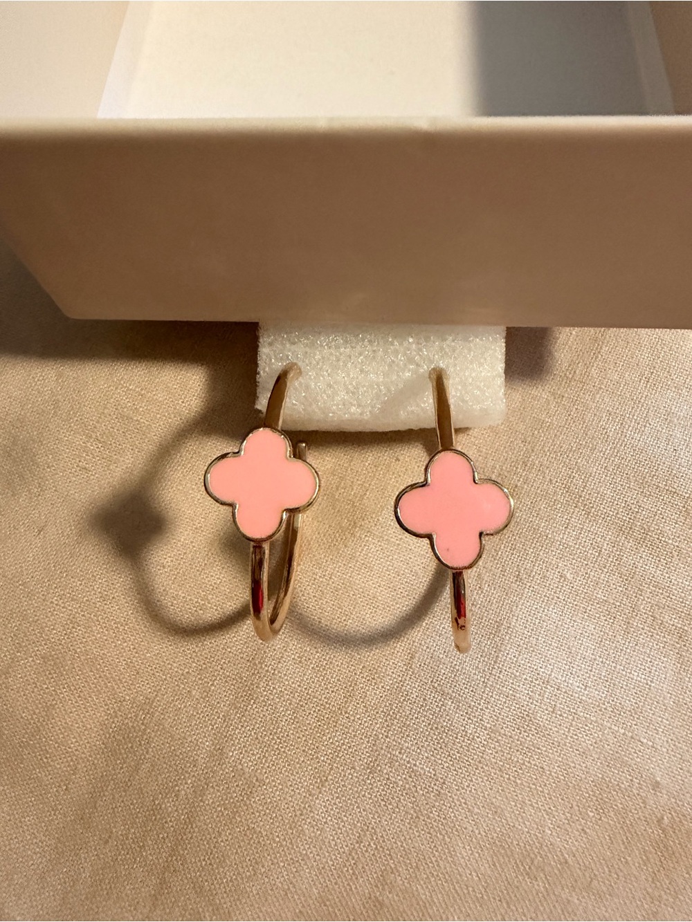 Gold Hoop Earrings with Pink Clover Accent